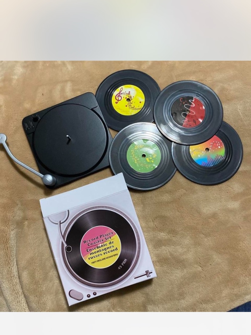 Black Record Player with Colorful Decorative Record Disc Coasters
